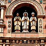 **Image of the Ayacucho temple facade:** Spanish colonial architecture blends with Inca stonework, showcasing intricate carvings of both Catholic saints and Inca deities. Capture the fusion of cultures in a single frame.