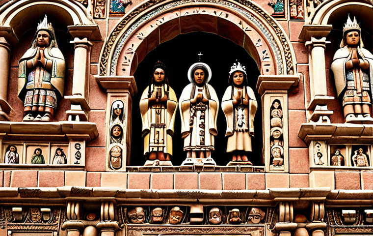 **Image of the Ayacucho temple facade:** Spanish colonial architecture blends with Inca stonework, showcasing intricate carvings of both Catholic saints and Inca deities. Capture the fusion of cultures in a single frame.